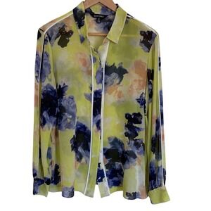 Ellen Tracy Womens Sheer Floral Button-Up Blouse Size L Long Slv Yellow Blue